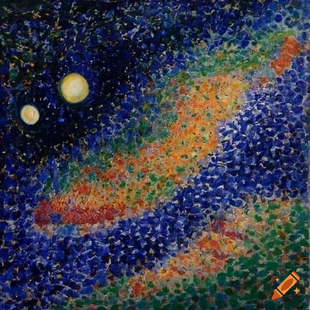 Continent view from space in Georges Seurat's pointillism style