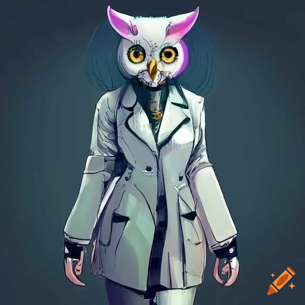 Illustration of an anthro owl-shaped female robot in lab coat with a punk retro-futuristic style