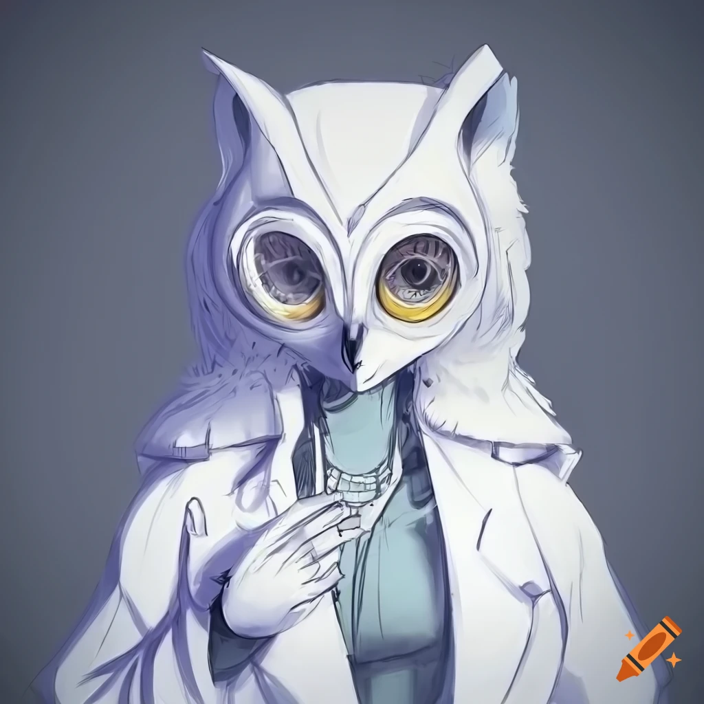Cute nerdy female owl android in lab coat with detailed robot face portrait