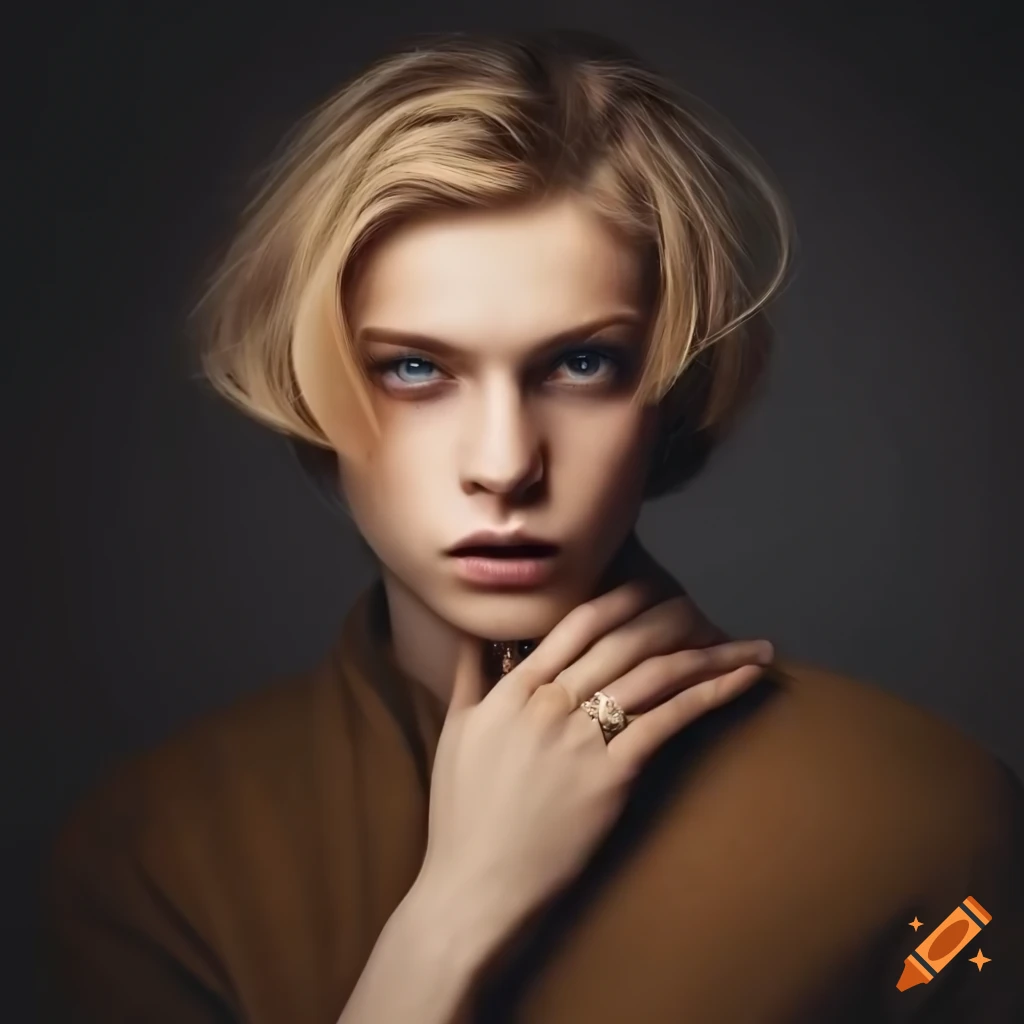 Portrait of an ethereal young man with pale skin, caramel blonde hair, and pale blue eyes