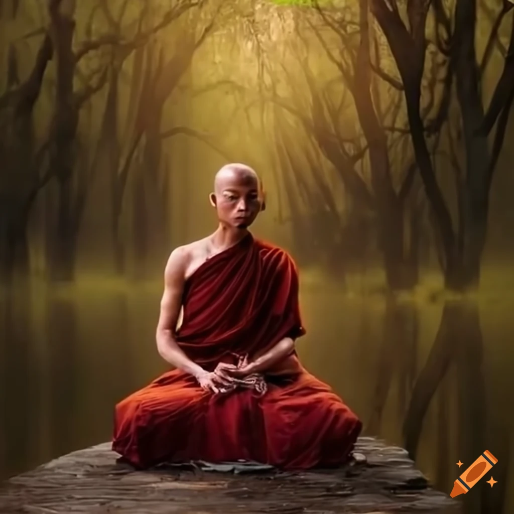 Cross-legged monk in oasis during rain