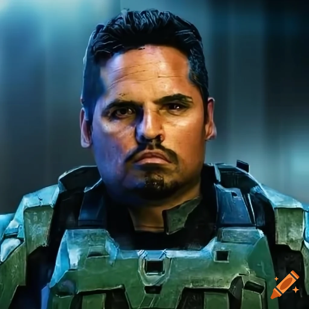 Actor Michael Pena as Master Chief from Halo without helmet