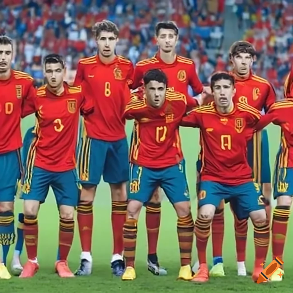 Group of soccer players in Spanish national team uniforms