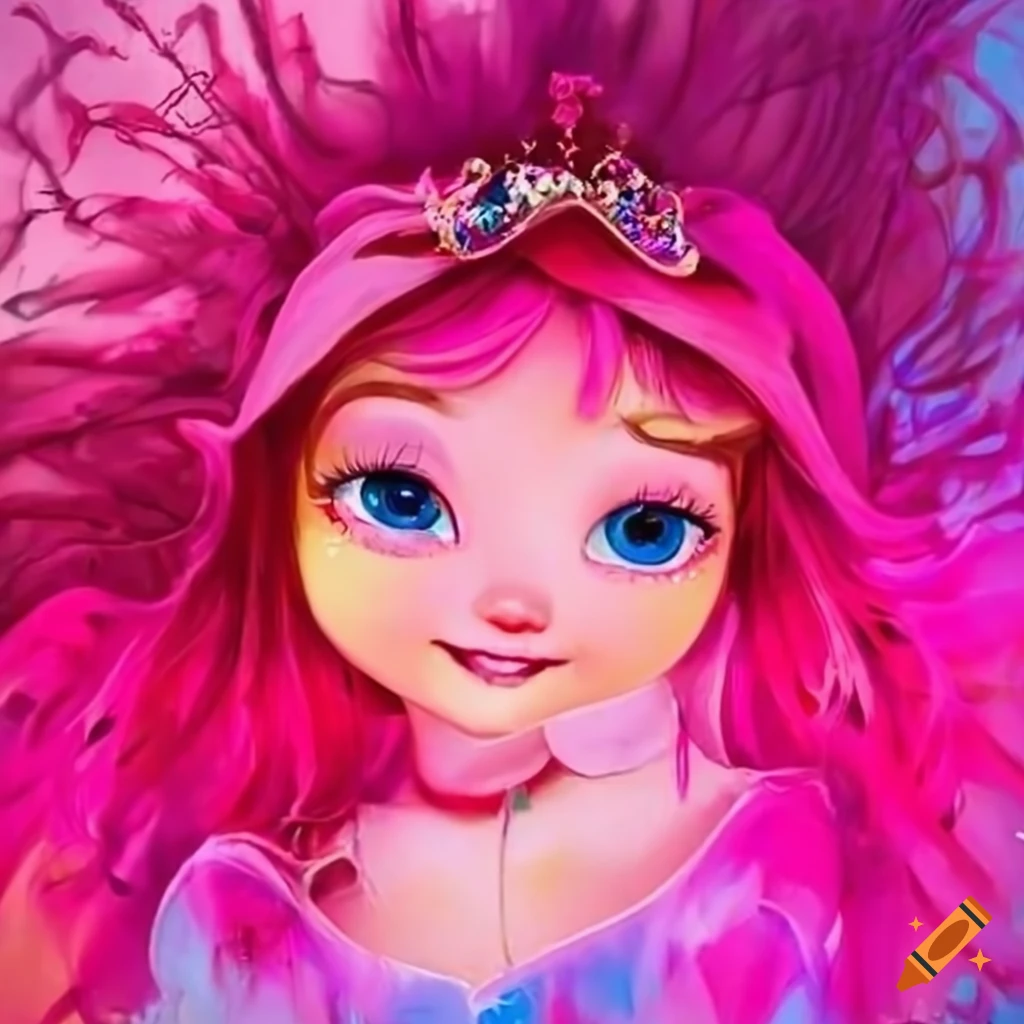 Happy princess in pink dress painted in neon colors