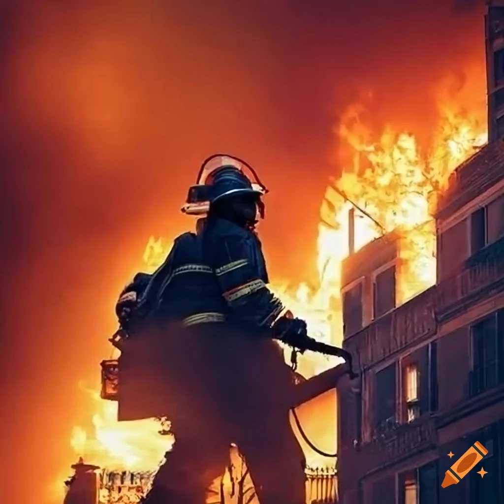 Firefighter standing in front of a burning city, proud and photographed from behind