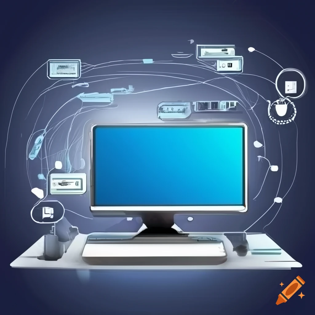 Computer connected to five websites in an illustration