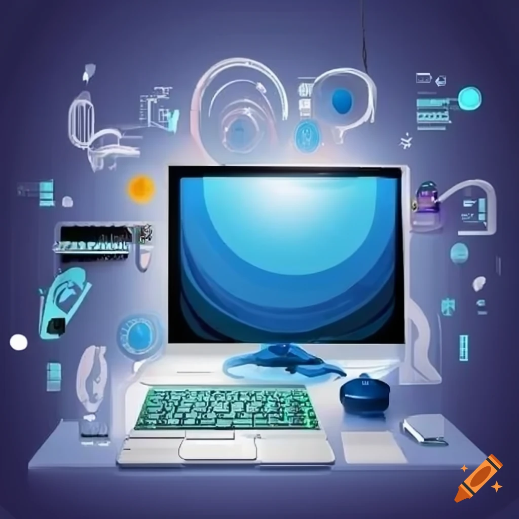 Computer connected to five websites in an illustration