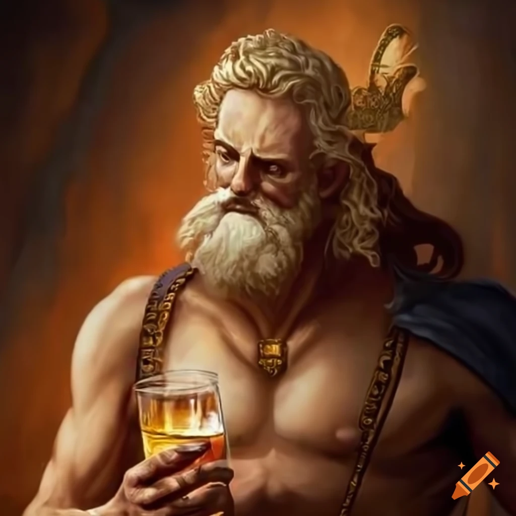 Fictional Greek god of Bourbon holding a glass of whiskey on a mountain