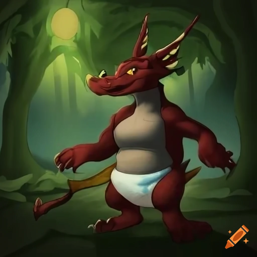 Playful young adult dragon-like kobold in a magical forest wearing a plush diaper