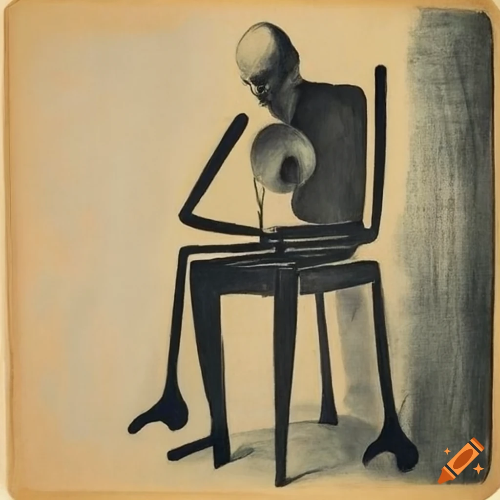 1920s Dada pencil drawing of a bald man sitting on a chair next to a table with a vase of flowers