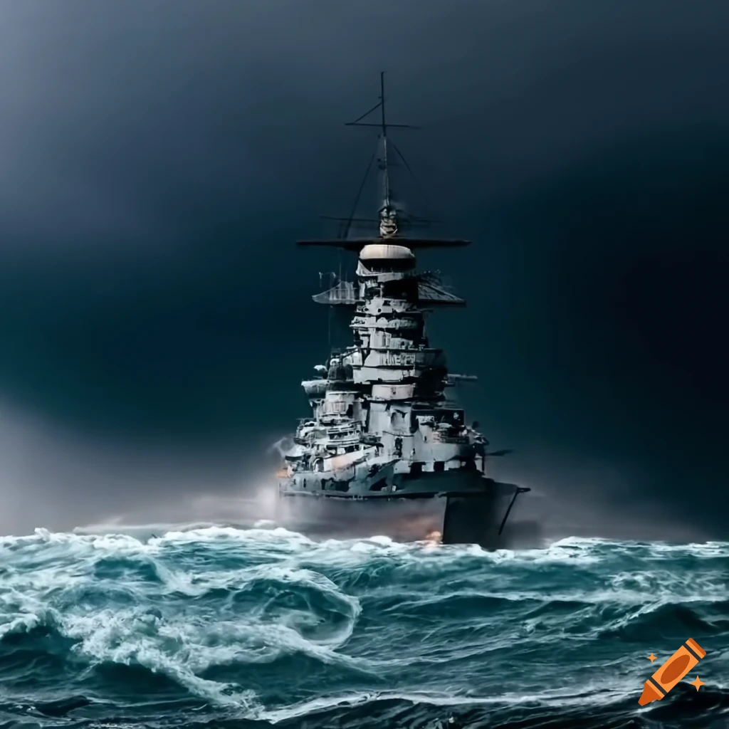 German WW2 battleship in storm with big waves and dark clouds