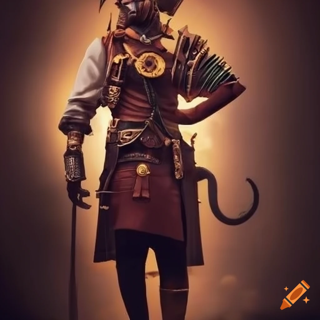 Stylized tiger-themed steampunk character in an urban setting