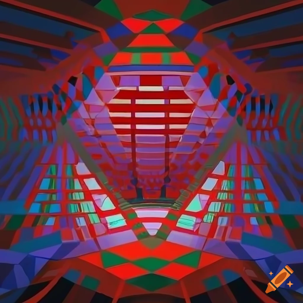 Abstract mathematical representation of Victor Vasarely's geometric paradoxes with surreal illusions and vibrant colors