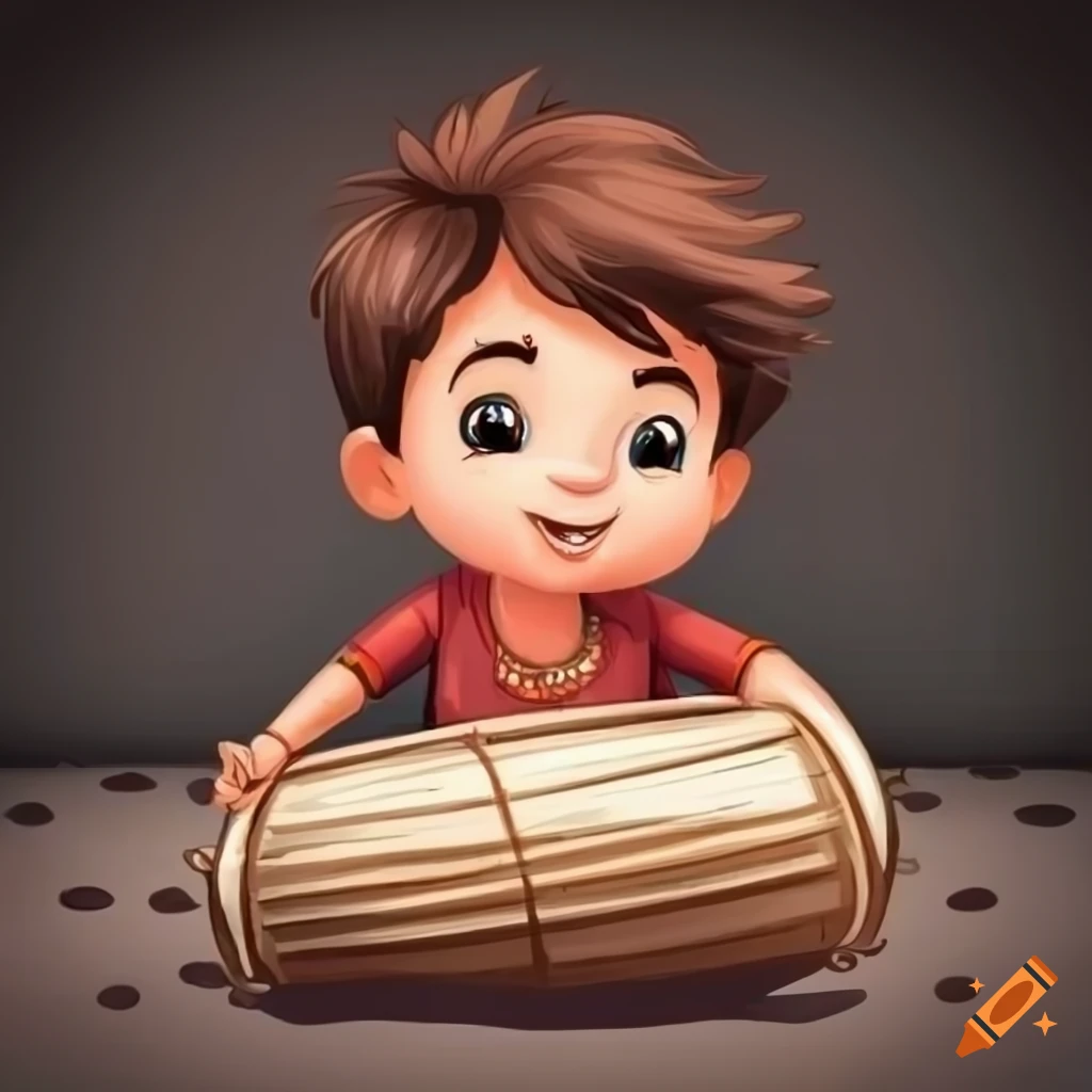 Cartoon of a cute Indian boy playing the mridangam on a carpet