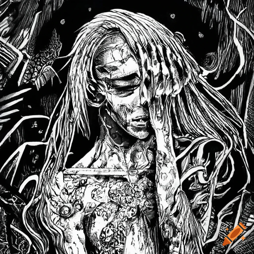 Intricate black and white ink drawing of profound emotion