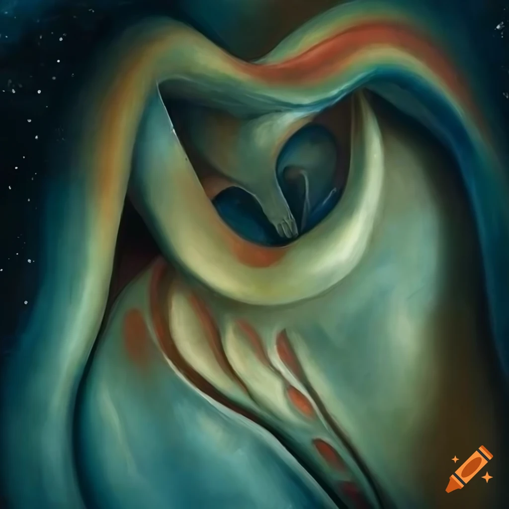 Expressionistic biomechanical 19th century style oil painting in green and cream tones