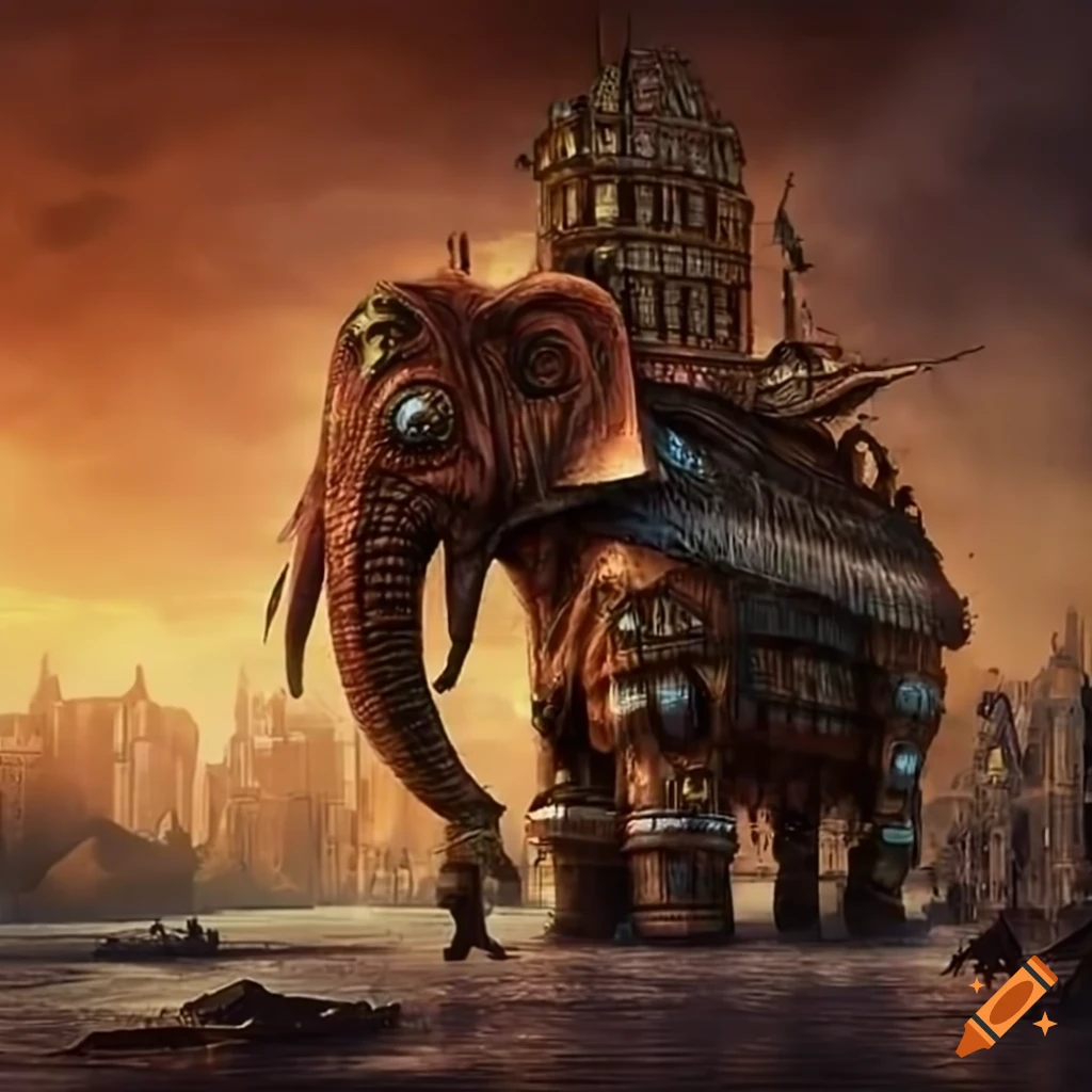 Steampunk city on the back of a giant elephant