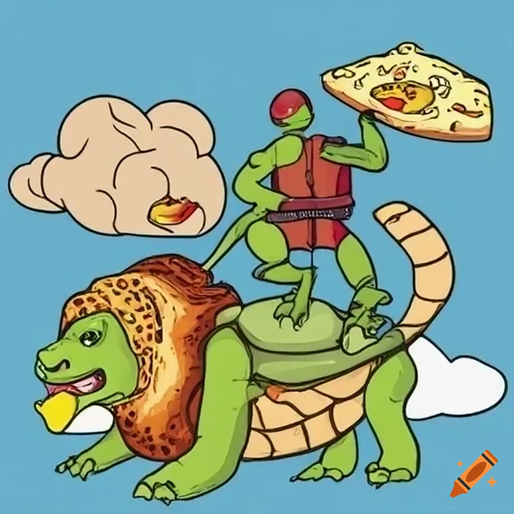 Mutant turtles eating pizza while riding lions jumping over clouds