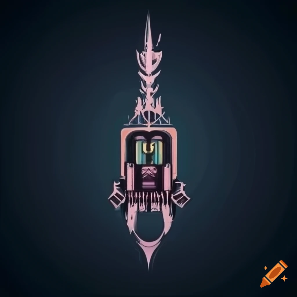 Minimalist train emblem with intricate sword design on dark background