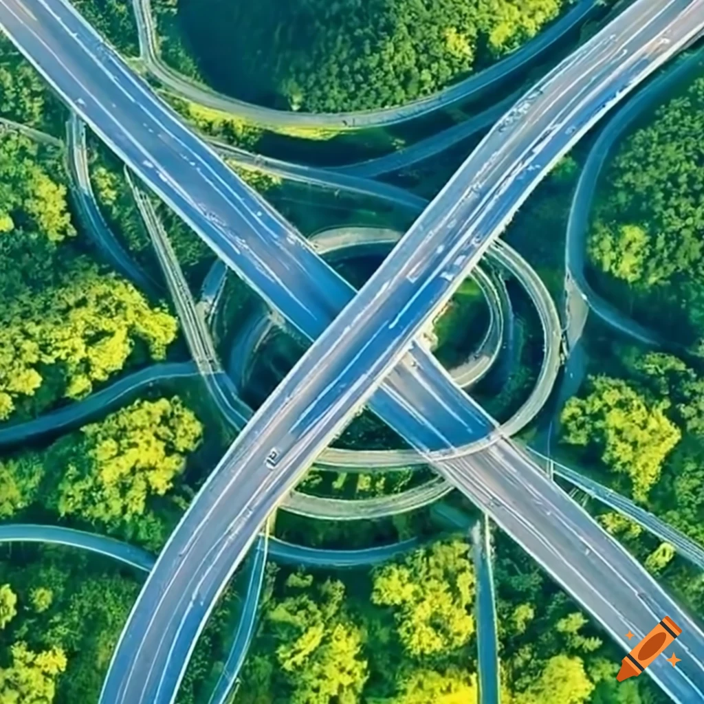 Aerial view of looping highways with cars resembling a lowercase 'g' surrounded by greenery