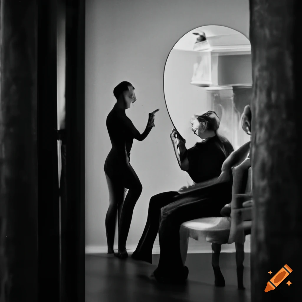 Adult man and woman looking at mirror