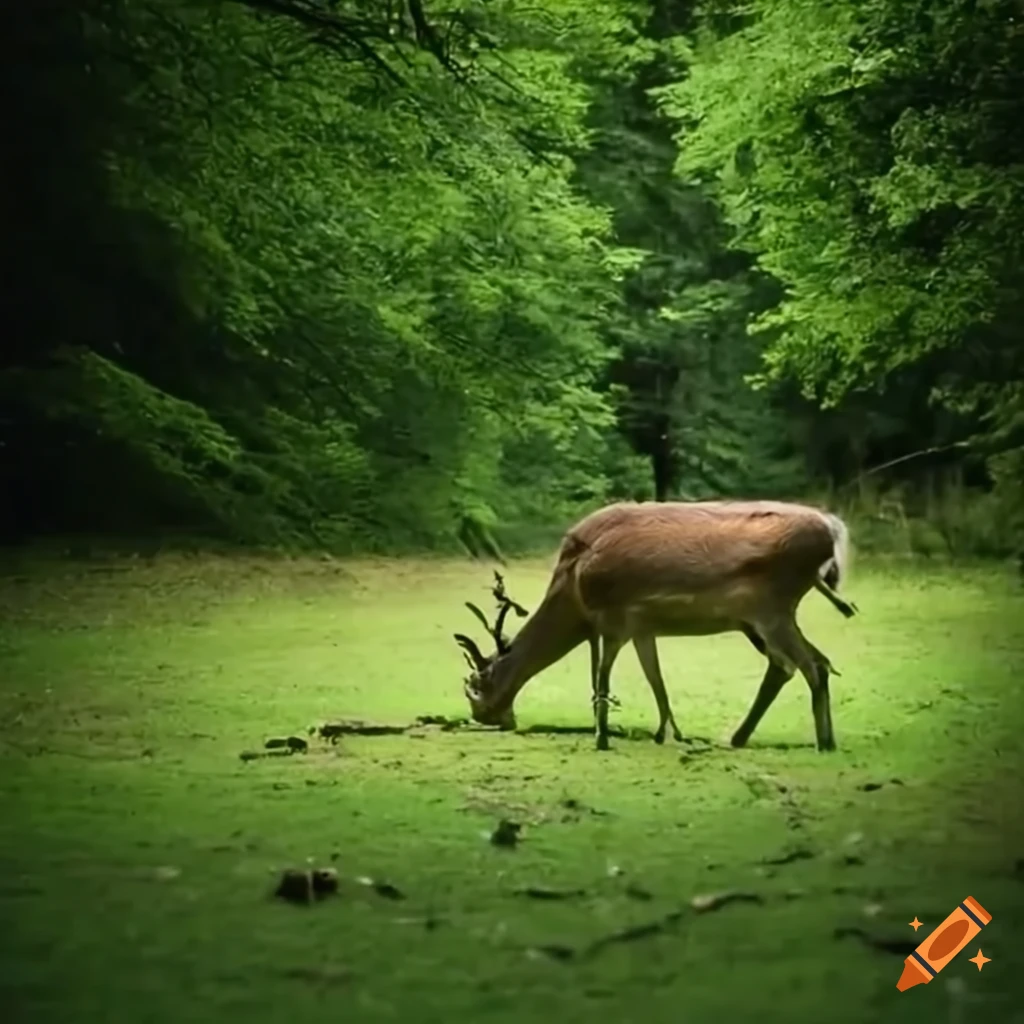 Peaceful deer grazing in lush forest habitat