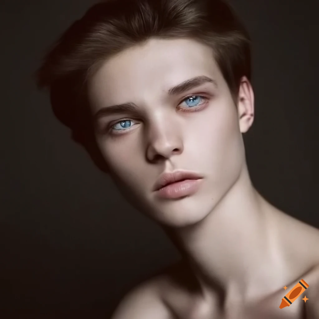 Portrait of an ethereal young man with pale skin and blue eyes