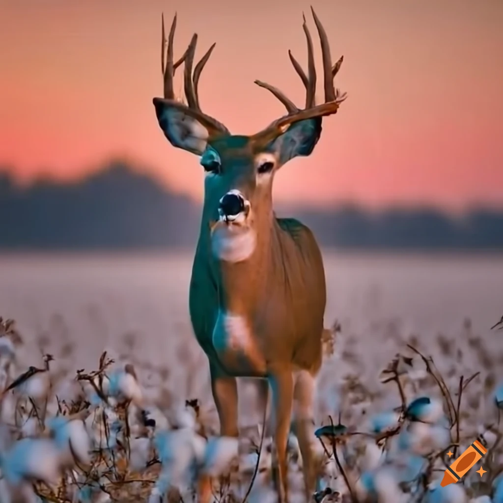 Whitetail buck in a cotton field at sunset with a cotton picker