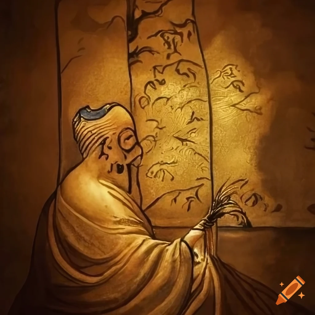 Ancient Chinese gold leaf illustration of a monk meeting a spirit in the mountains