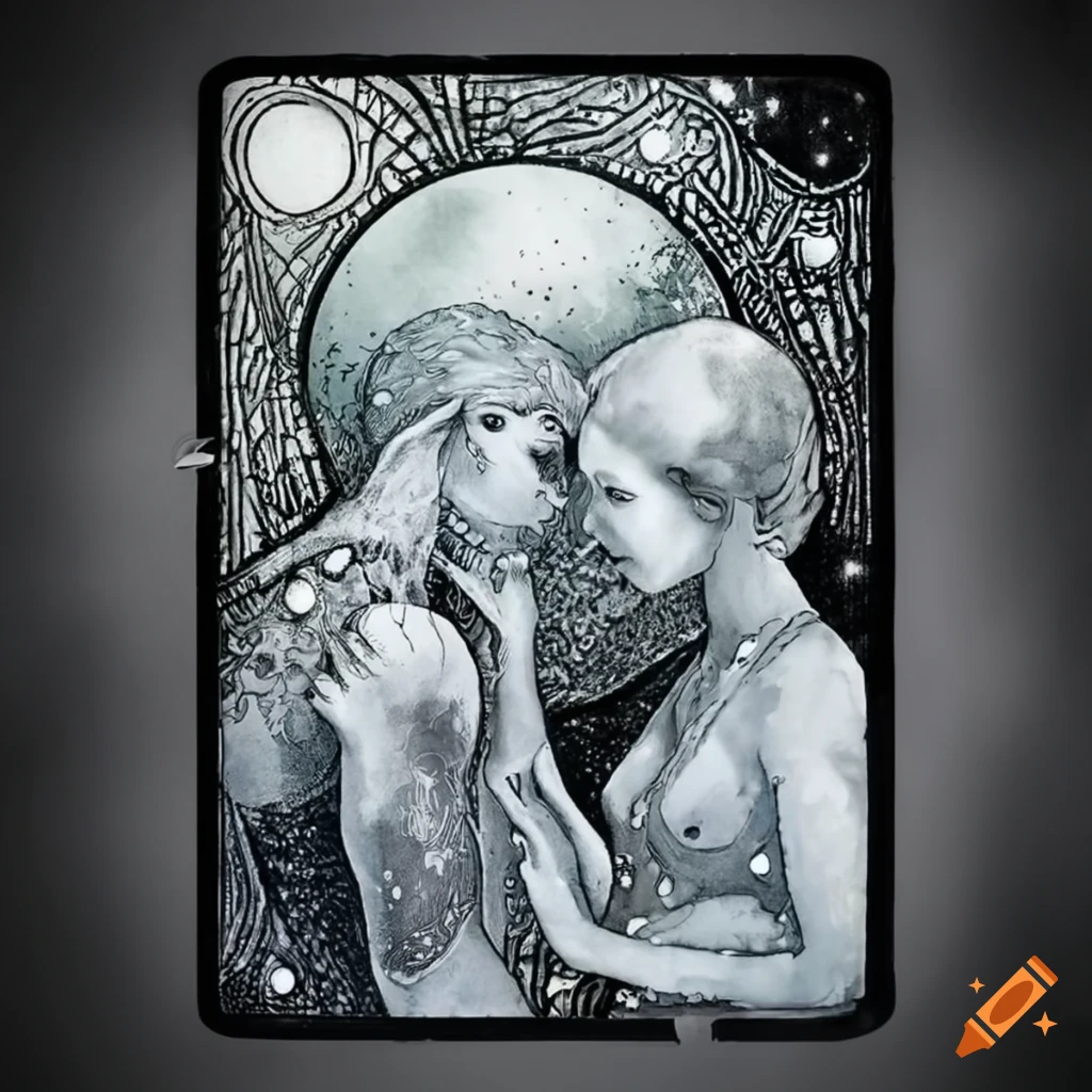 Lovers Tarot card in black and white with celestial background