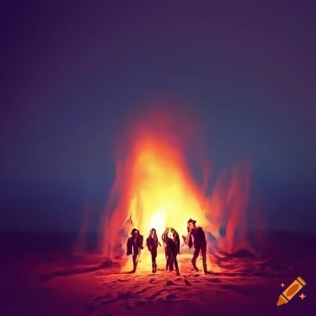 Beach bonfire with people dancing under the night sky