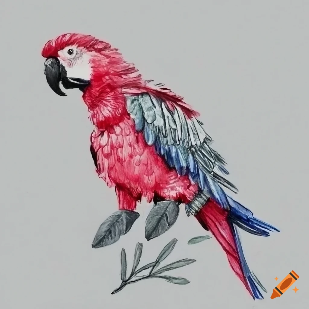 Vibrant pencil art of a red and pink tropical parrot among greenery in DND style