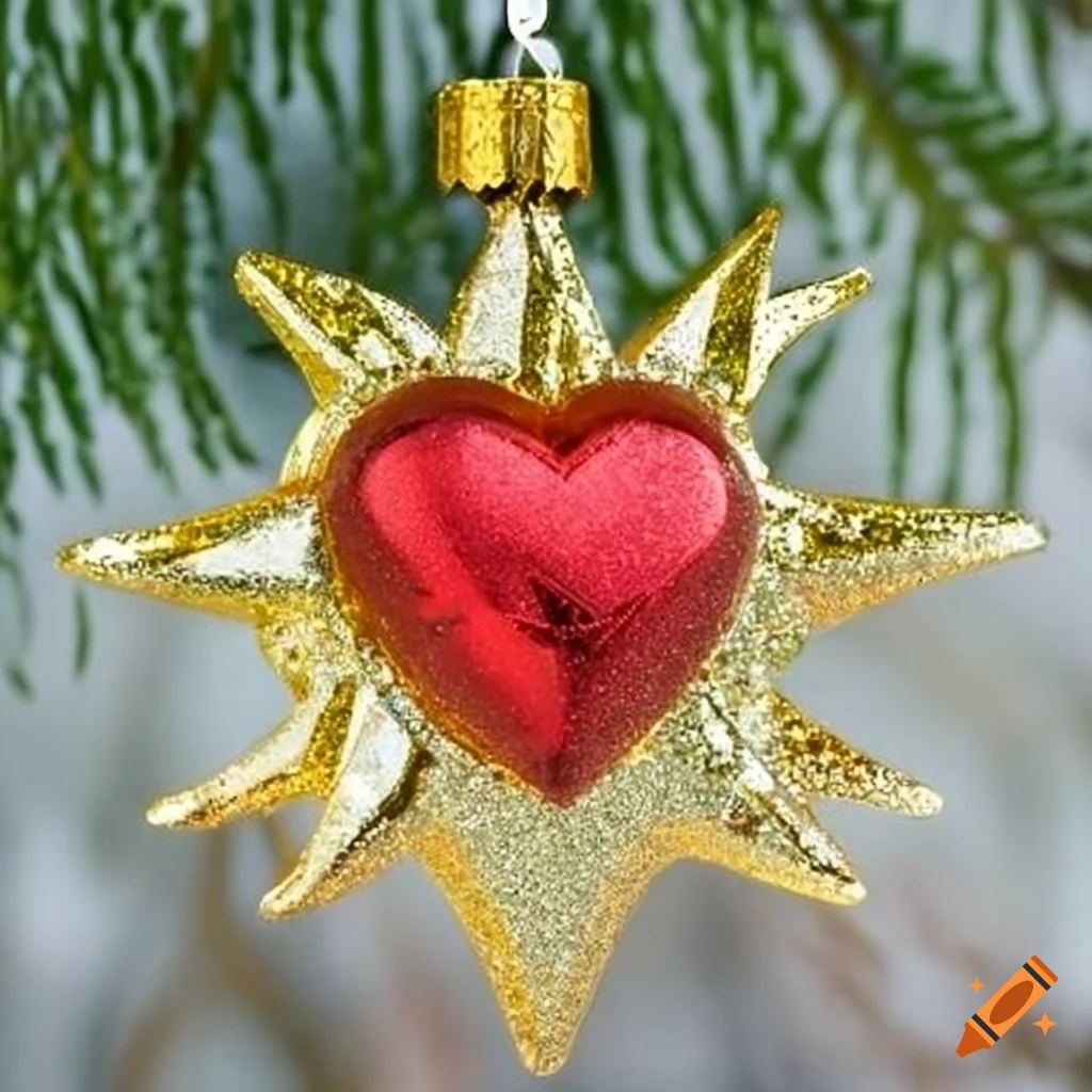 Glitter yellow glass star sun ornament with a red heart