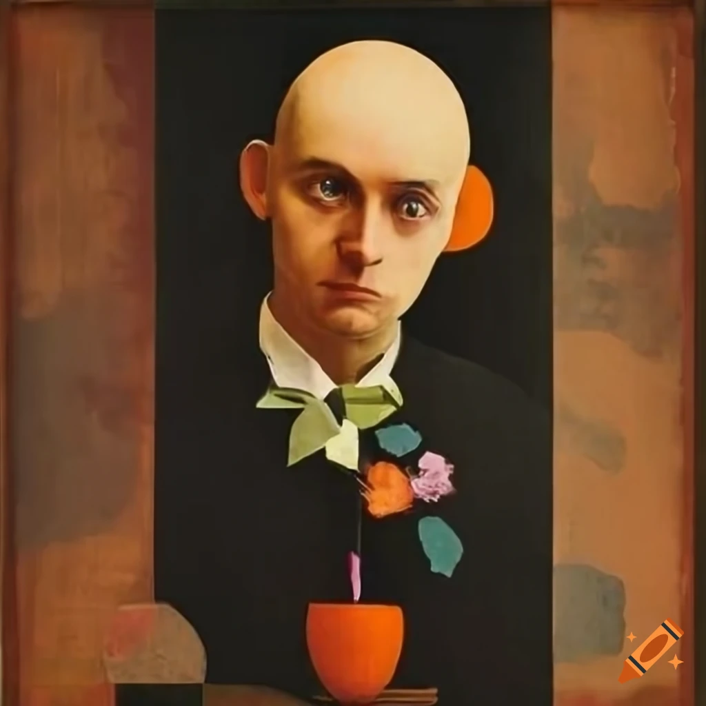 1920s Dada collage of a bald man listening to neighbors through a wall with flowers on a table