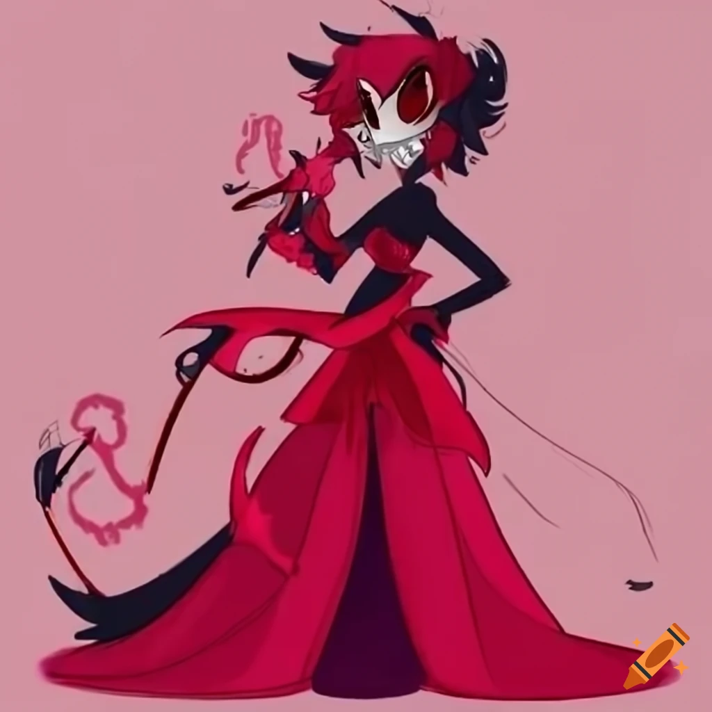 Original Hazbin Hotel character, Alastor's daughter with long hair and red dress