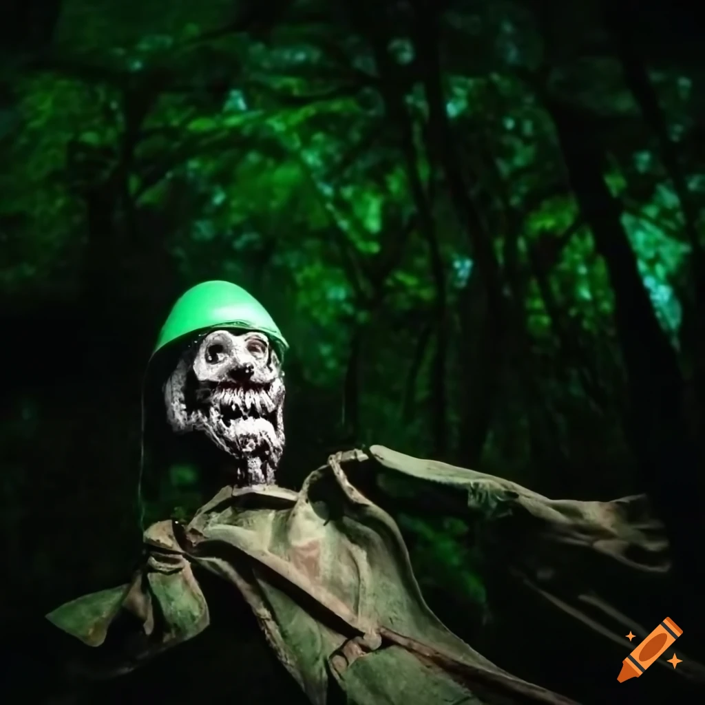 Twisted puppet in ranger uniform riding bike through dark forest at night