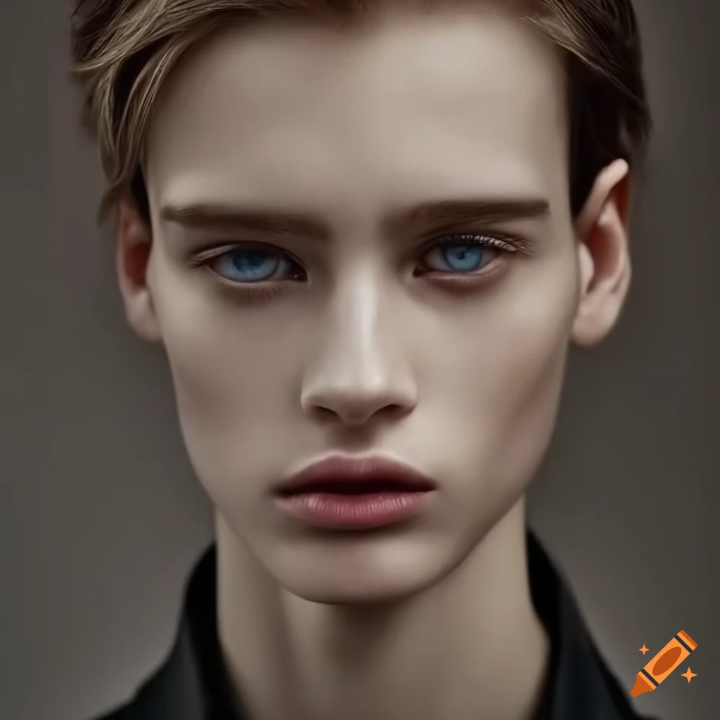 Portrait of a beautiful ethereal young man with pale skin and blue eyes
