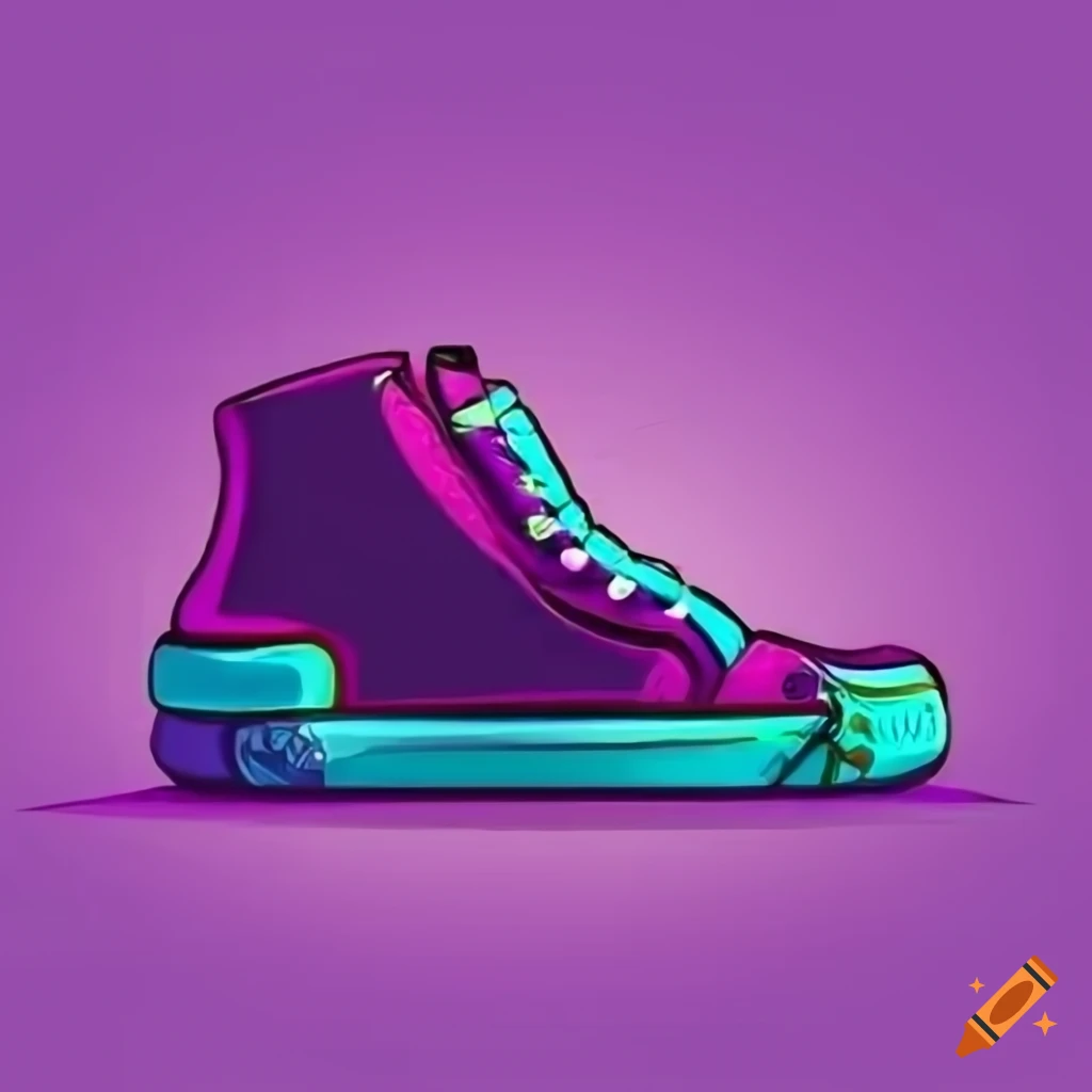 Cartoon sneaker on a purple retrowave background