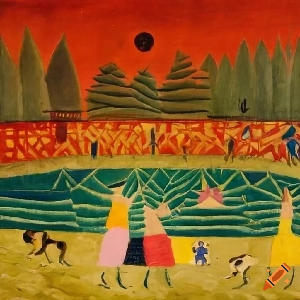 Small football stadium with ballet dancers and dogs in the style of