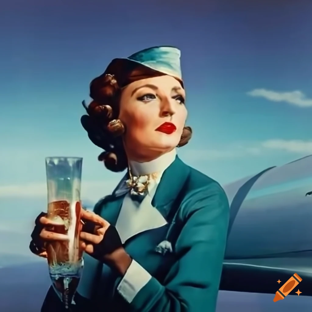 1930s airline stewardess serving drinks on a plane