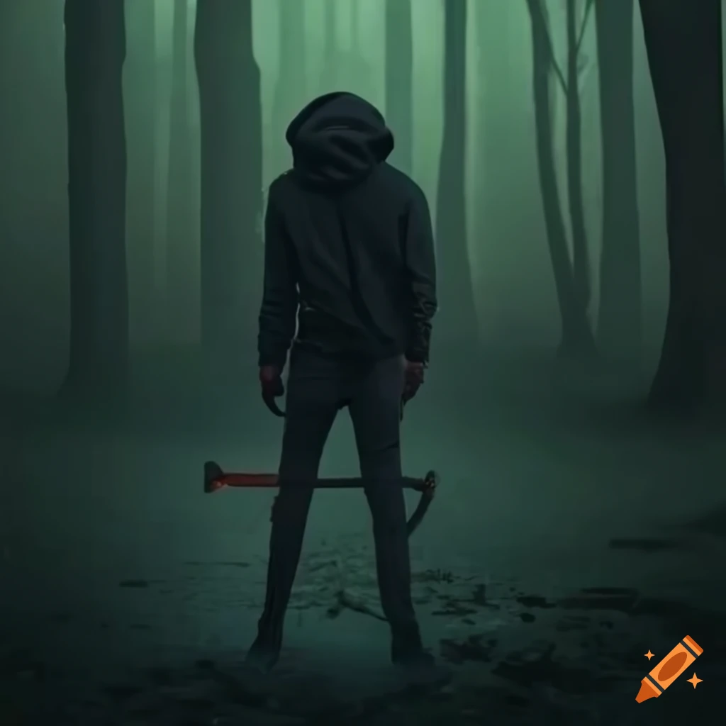 Person with 'Surya' name on shirt riding motorcycle with sword in dark forest