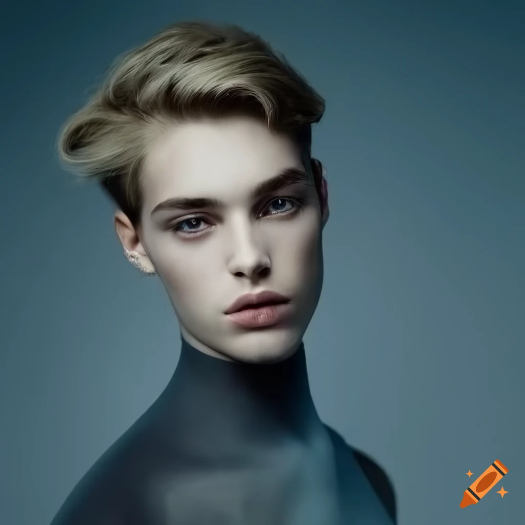 Ethereal young man with pale skin and blue eyes
