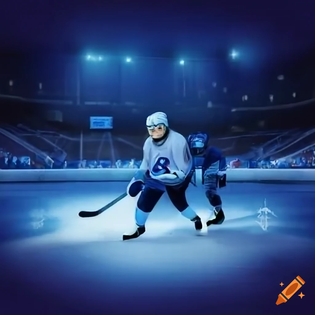 Three women on a hockey stand with an empty ice rink and a puck in the foreground