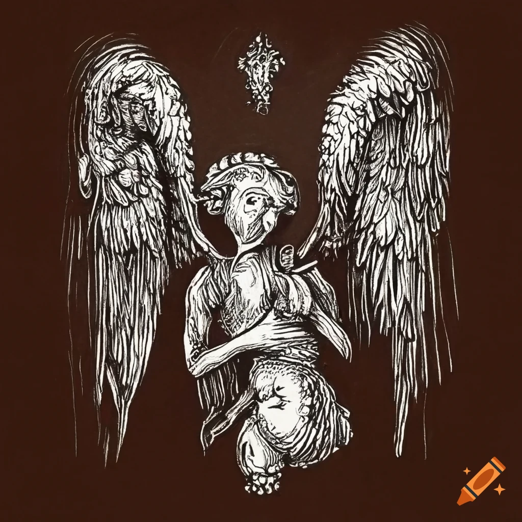 Surreal ink drawing of fallen angels in a gothic emblem with medieval renaissance style