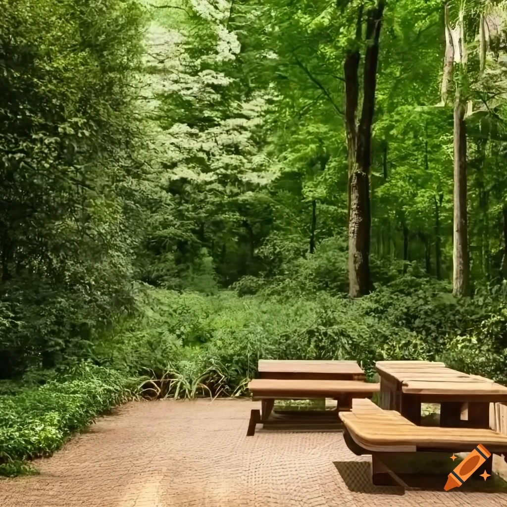Outdoor area surrounded by trees with modern wooden chairs and benches
