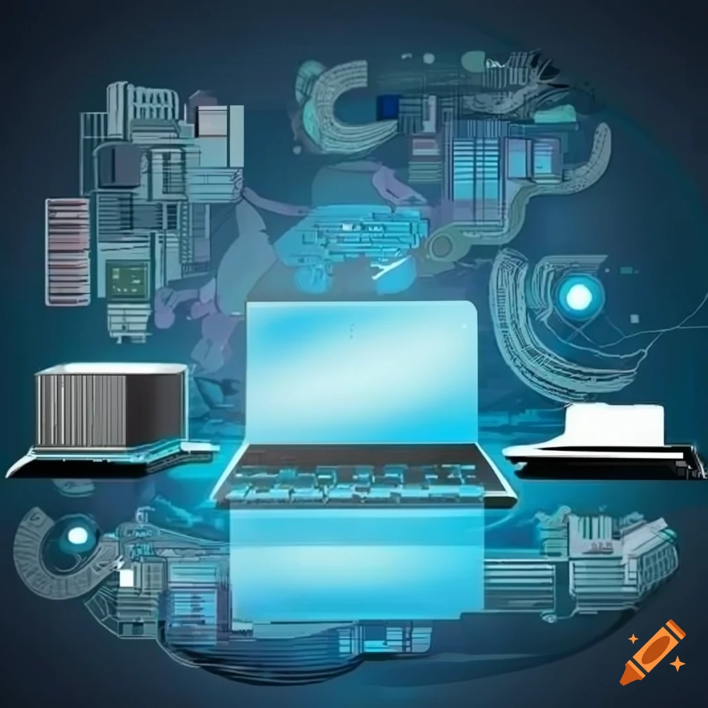 Computer connected to five websites illustration
