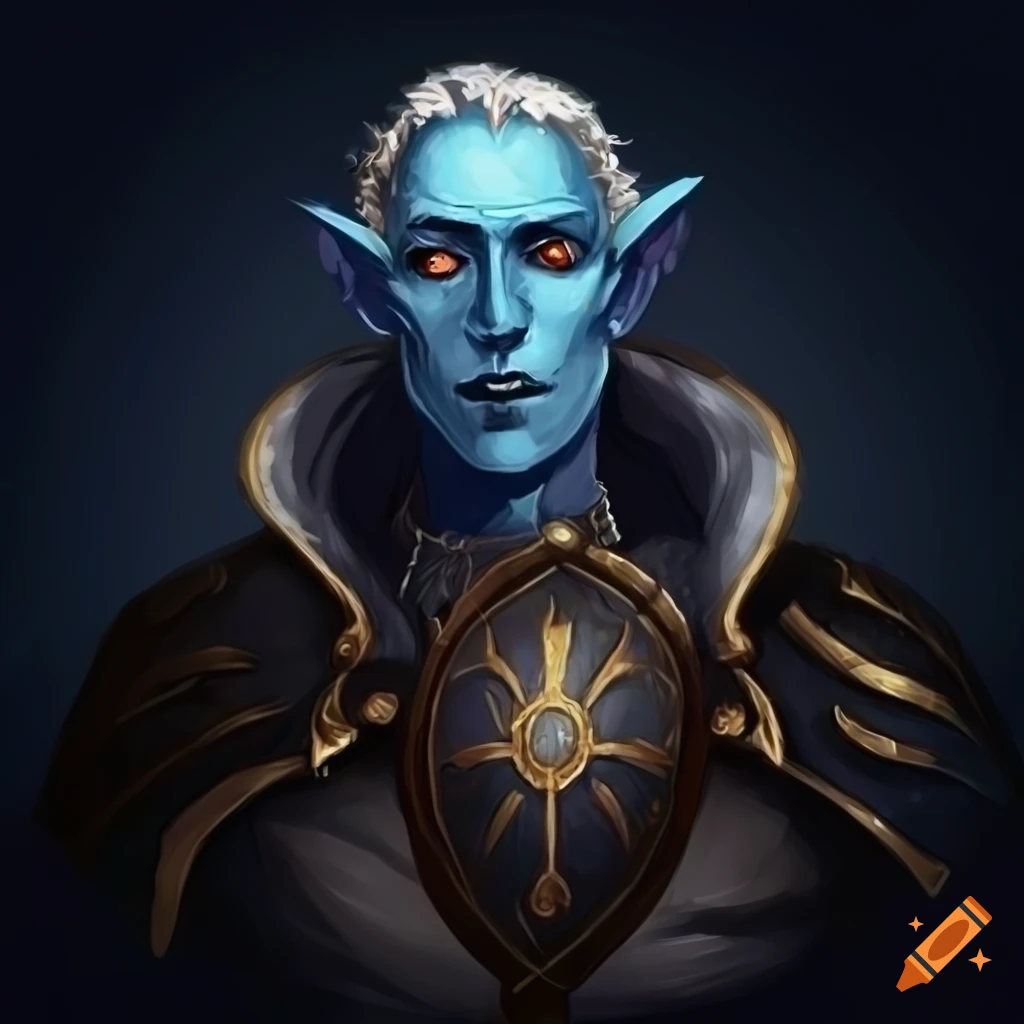 Elegant Water Genasi Cleric in heavy armor holding a shield in a tranquil setting