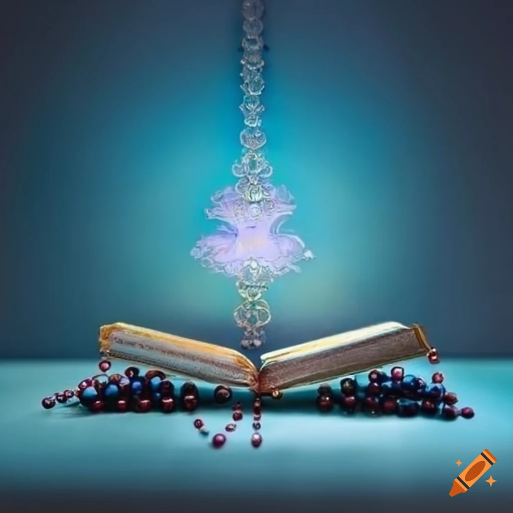 Open Holy Quran with divine light and prayer bead on light blue background