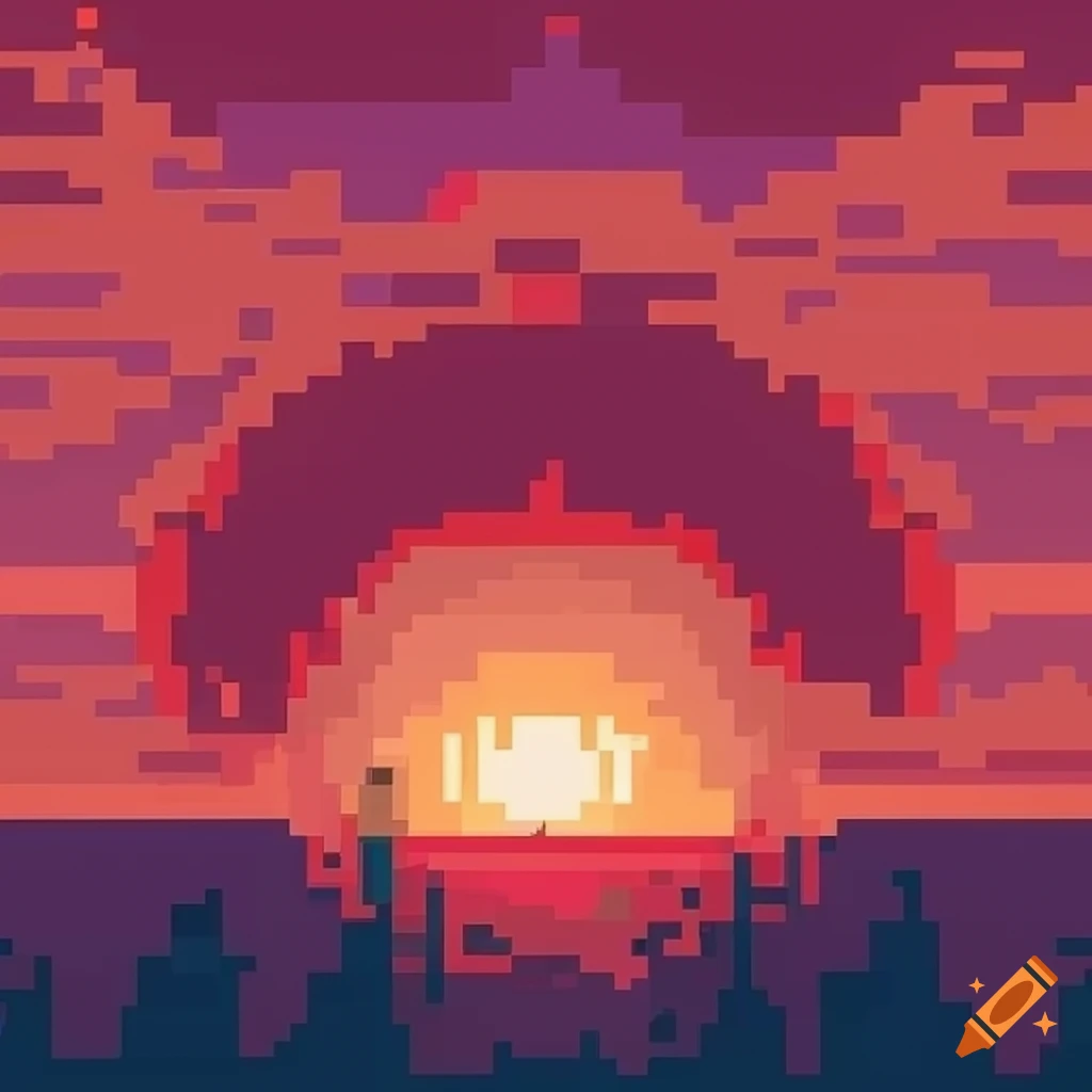 Red pixel art sunset for game background