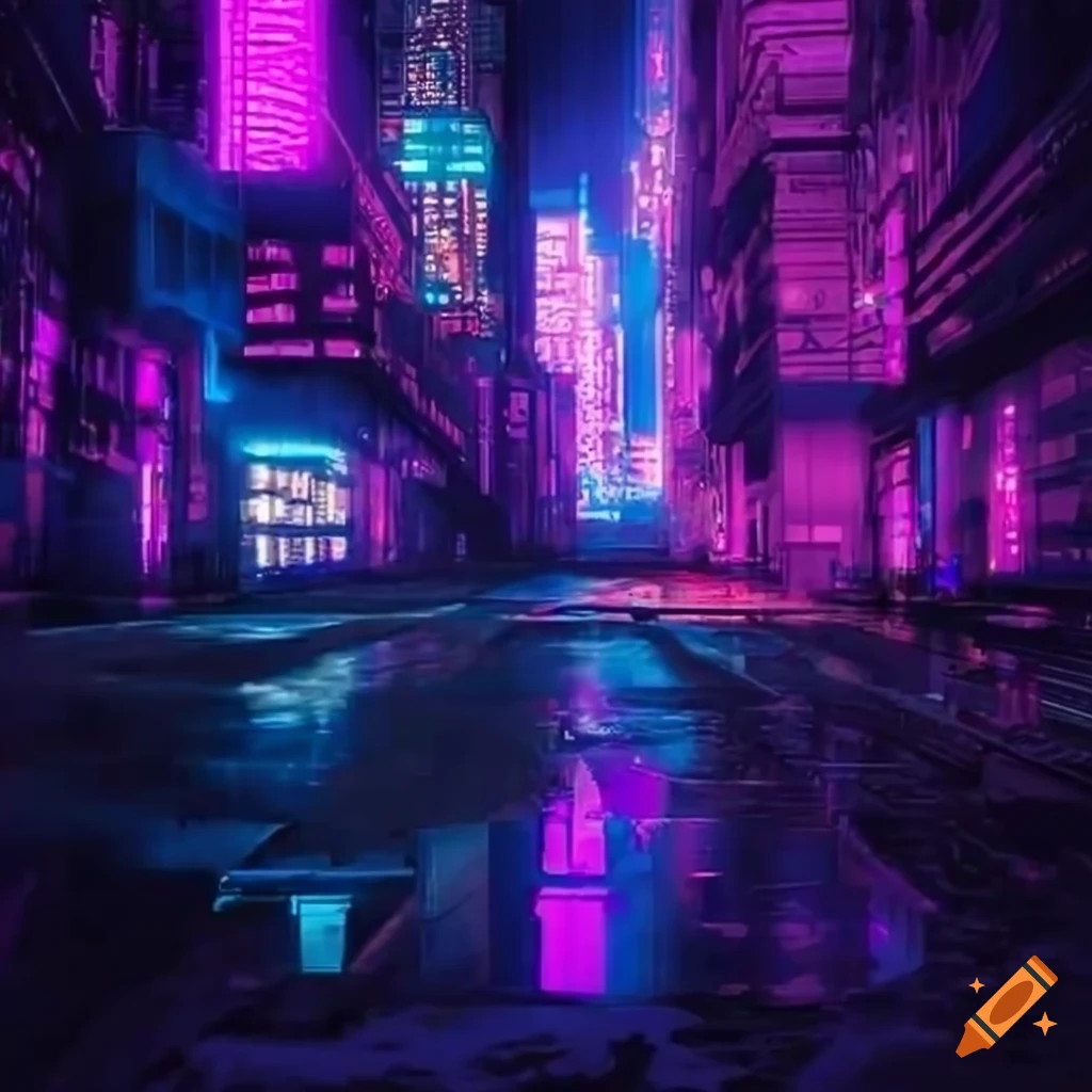 Futuristic neon city with purple lights in cyberpunk style